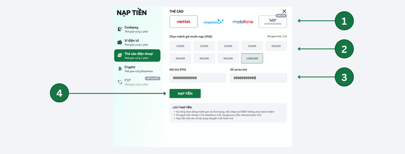 Nạp tiền qua thẻ cào điện thoại febet